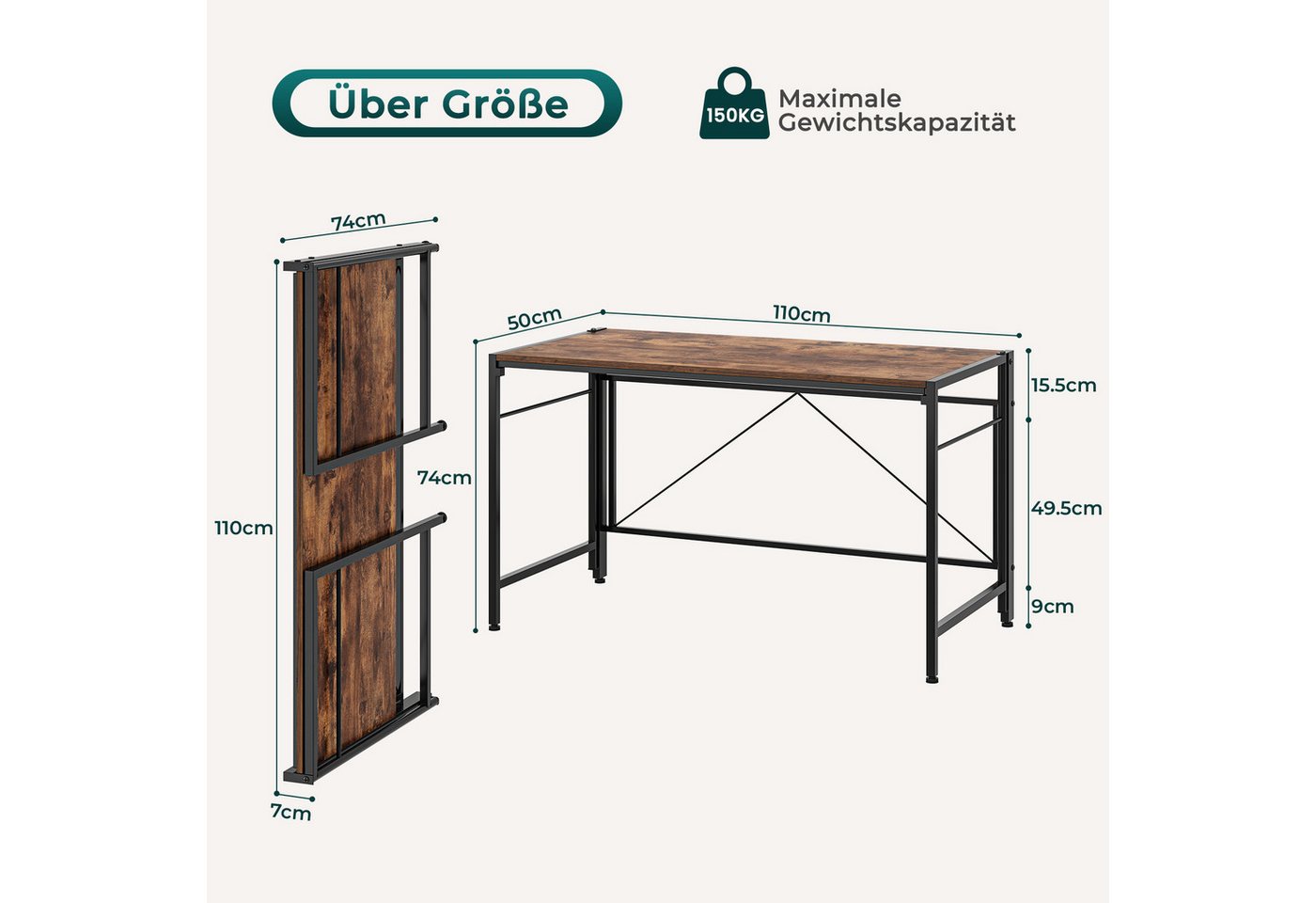 NAIMP Klapptisch Klappschreibtisch, Faltbar Tisch, Computertisch Platzsparend, Tischplatte aus MDF, einfache Montage – Bild 4 von 5