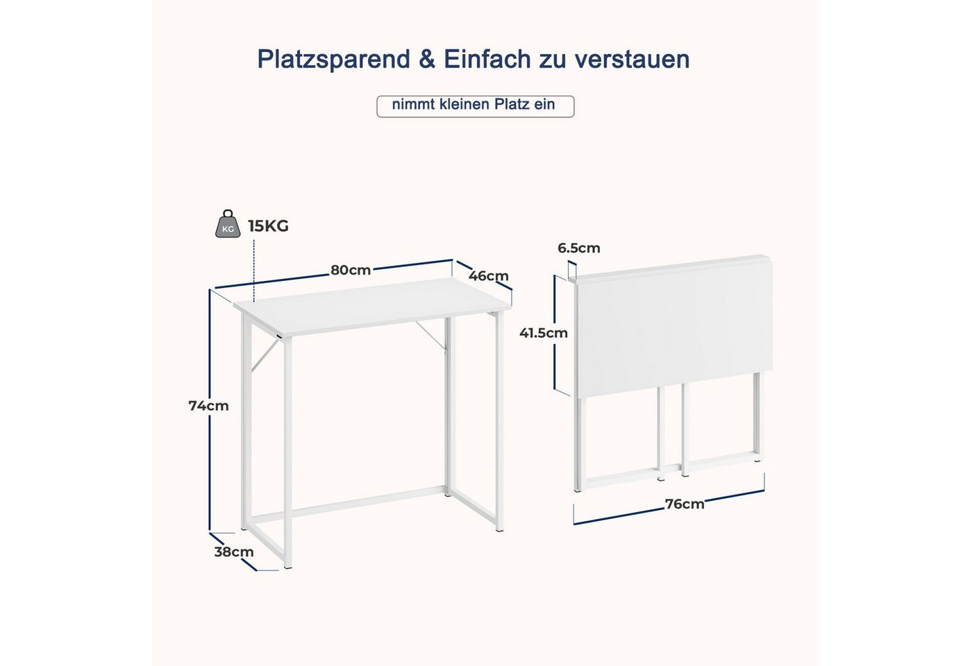 NAIMP Klapptisch Schreibtisch, faltbar Computertisch, Bürotisch für Homeoffice, 80L x 46B x 74H cm – Bild 2 von 5