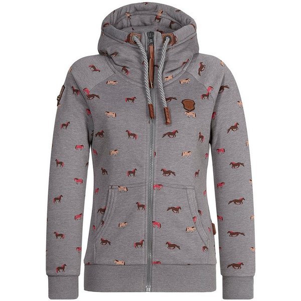 naketano Sweatjacke Damen mit Kapuze, Kängurutasche, tailliert, melierte Sweatware, Raglan Kordelzug, Rippbündchen, Kunstleder-Logo, casual, Streetwear, Langarm