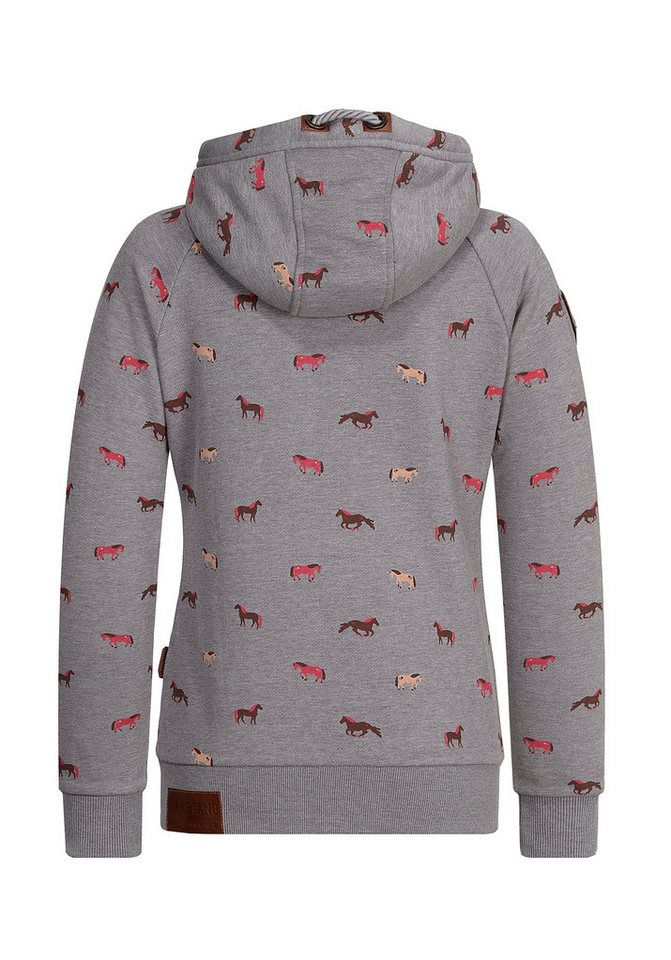 naketano Sweatjacke Damen mit Kapuze, Kängurutasche, tailliert, melierte Sweatware, Raglan Kordelzug, Rippbündchen, Kunstleder-Logo, casual, Streetwear, Langarm – Bild 2 von 5
