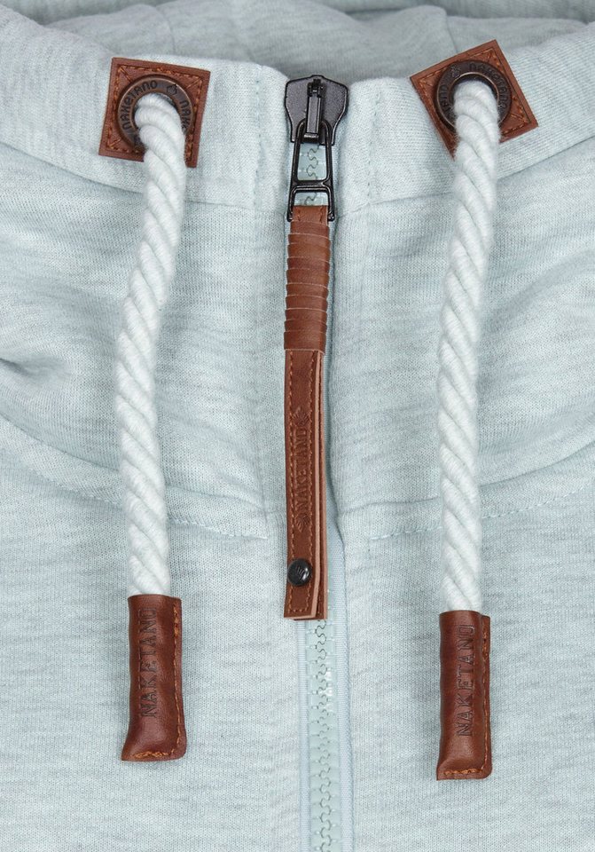 naketano Sweatjacke Damen mit Kapuze, Kängurutasche, tailliert, melierte Sweatware, Raglan Kordelzug, Rippbündchen, Kunstleder-Logo, casual, Streetwear, Langarm – Bild 3 von 5