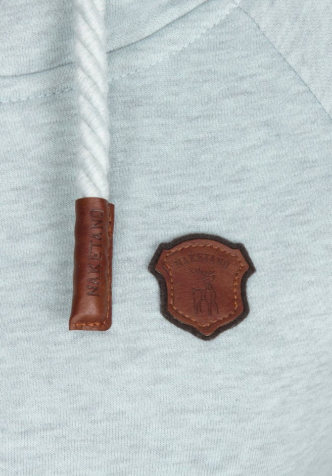 naketano Sweatjacke Damen mit Kapuze, Kängurutasche, tailliert, melierte Sweatware, Raglan Kordelzug, Rippbündchen, Kunstleder-Logo, casual, Streetwear, Langarm – Bild 4 von 5