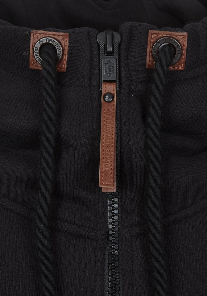 naketano Sweatjacke Herren mit Kapuze, breiter Stehkragen, melierte Sweatware, Kordelzug Eingrifftaschen, Rippbündchen, Kunstleder-Logo, casual, Streetwear – Bild 3 von 5