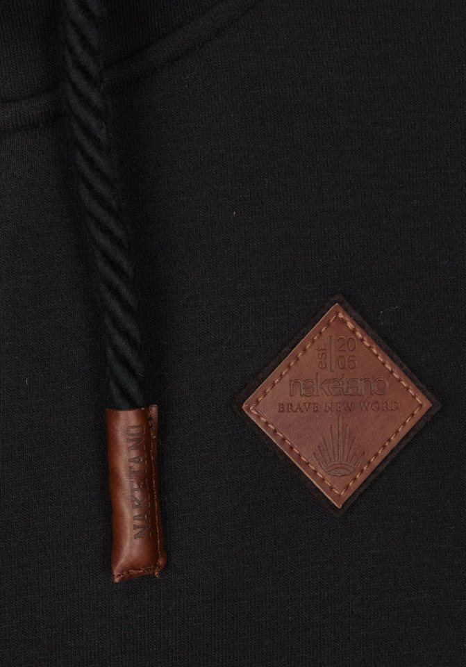 naketano Sweatjacke Herren mit Kapuze, breiter Stehkragen, melierte Sweatware, Kordelzug Eingrifftaschen, Rippbündchen, Kunstleder-Logo, casual, Streetwear – Bild 4 von 5