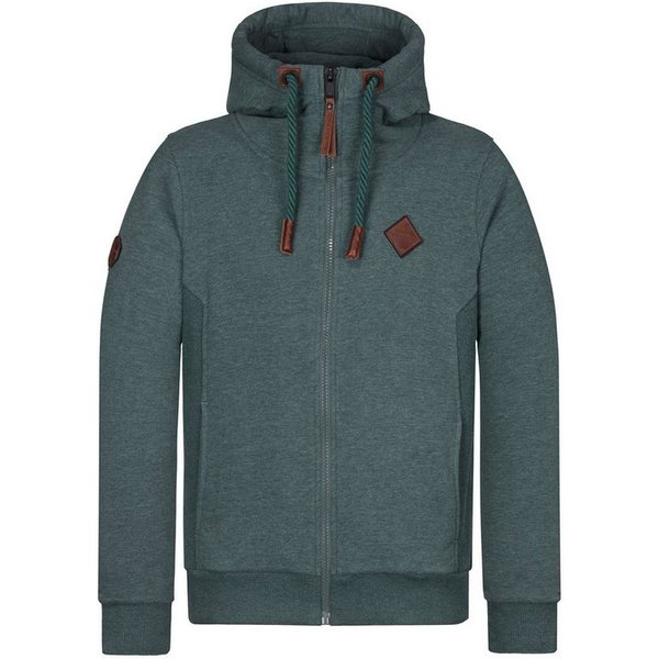 naketano Sweatjacke Herren mit Kapuze, breiter Stehkragen, melierte Sweatware, Kordelzug Eingrifftaschen, Rippbündchen, Kunstleder-Logo, casual, Streetwear