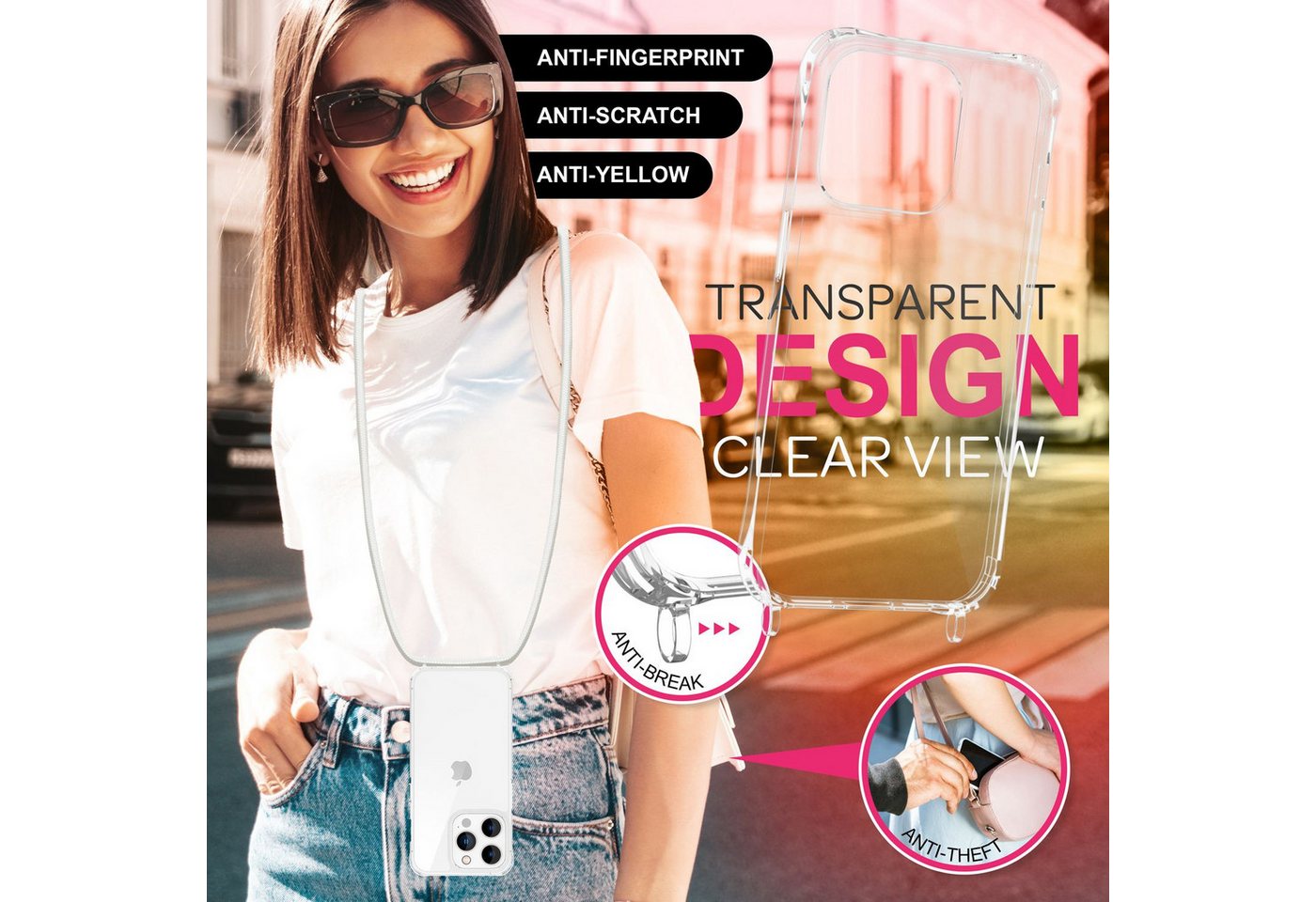 Nalia Handykette Apple iPhone 16 Pro Max 17,5 cm (6,9 Zoll), Klare Hülle mit Band zum Umhängen / Crossbody Transparent Case & Kette – Bild 3 von 5