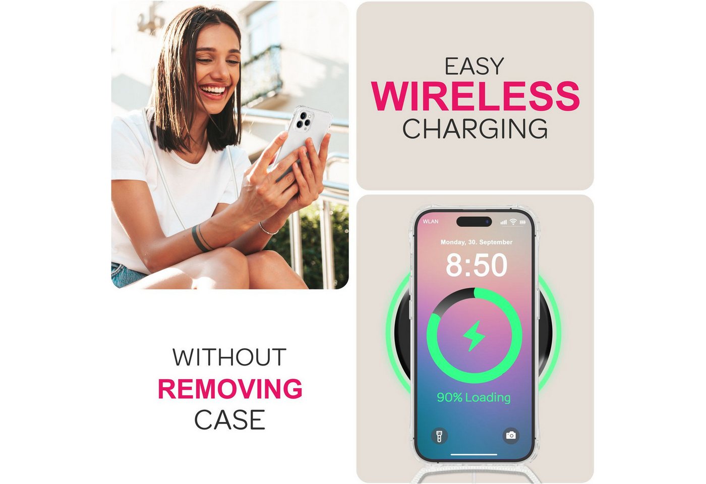 Nalia Handykette Apple iPhone 16 Pro Max 17,5 cm (6,9 Zoll), Klare Hülle mit Band zum Umhängen / Crossbody Transparent Case & Kette – Bild 4 von 5