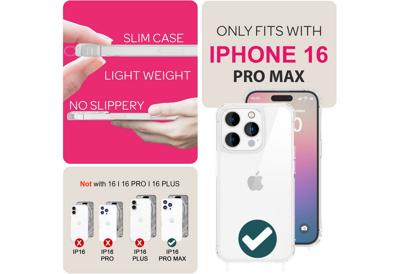 Nalia Handykette Apple iPhone 16 Pro Max 17,5 cm (6,9 Zoll), Klare Hülle mit Band zum Umhängen / Crossbody Transparent Case & Kette – Bild 5 von 5