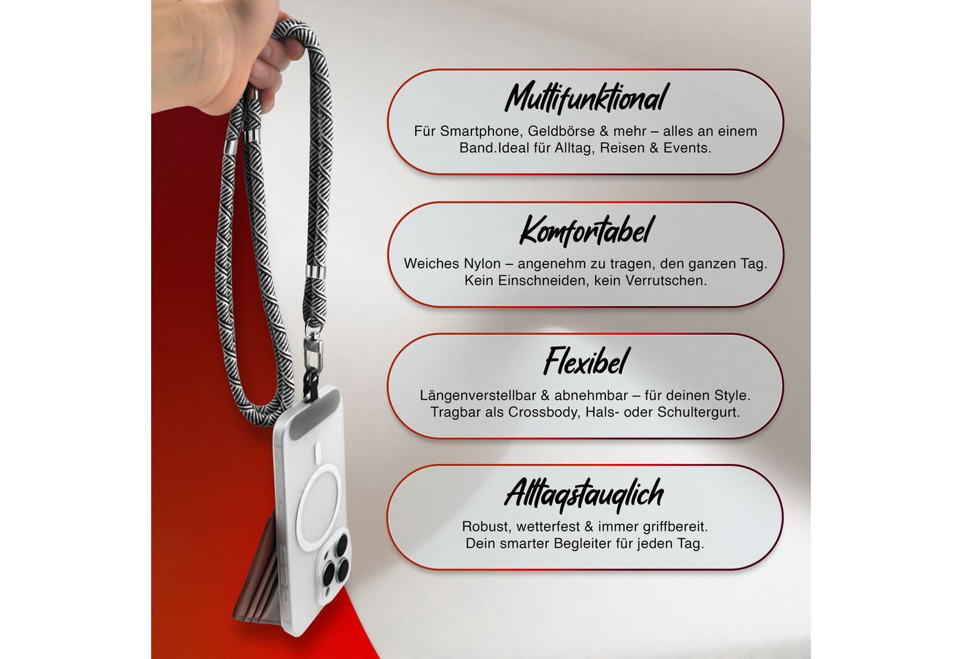 Nalia Handykette Universal Smartphone, Nylon Handyband / Karabiner Matt Schwarz & 2 Pads / 35-75cm Tragelänge – Bild 3 von 5