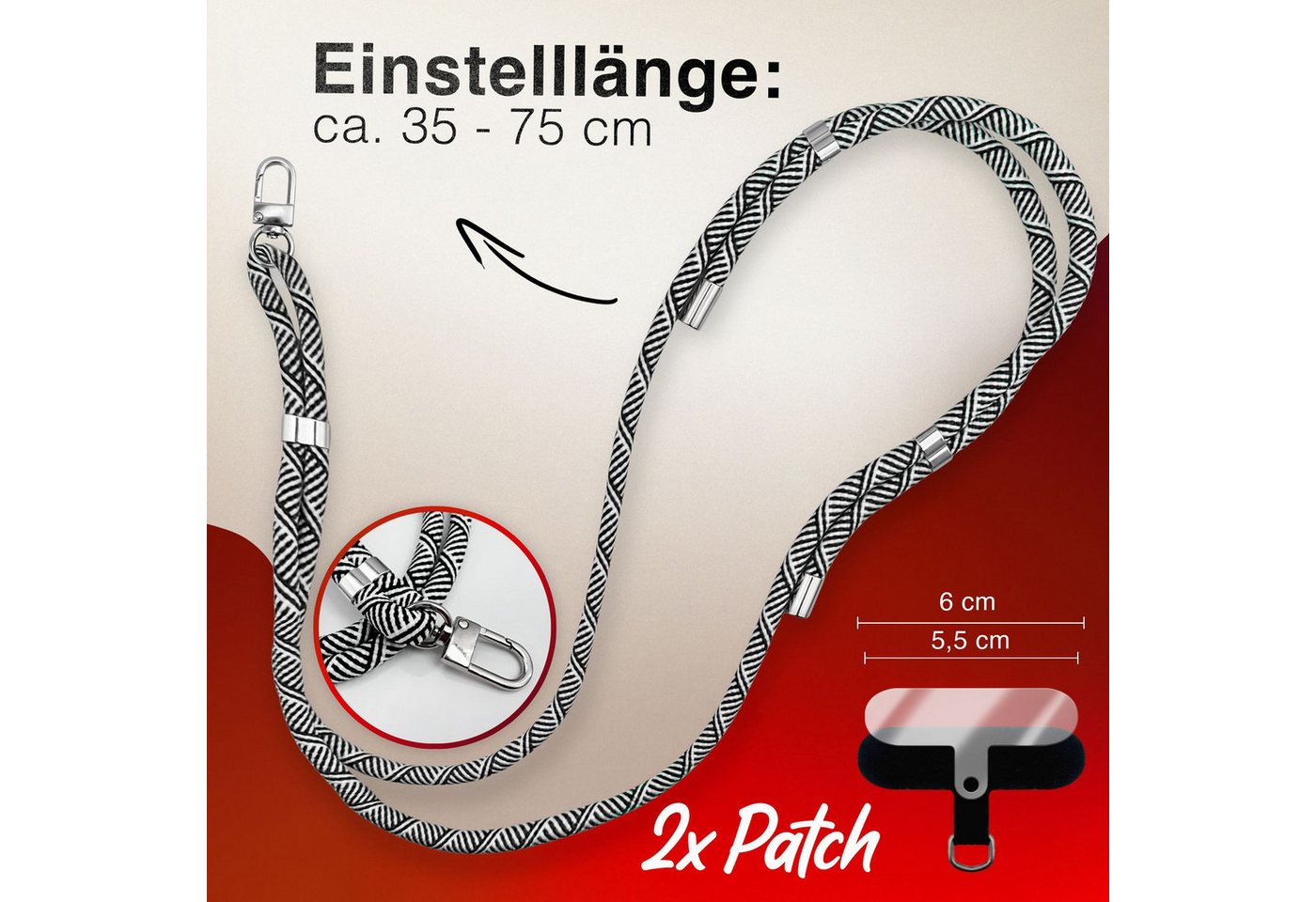 Nalia Handykette Universal Smartphone, Nylon Handyband / Karabiner Matt Schwarz & 2 Pads / 35-75cm Tragelänge – Bild 4 von 5