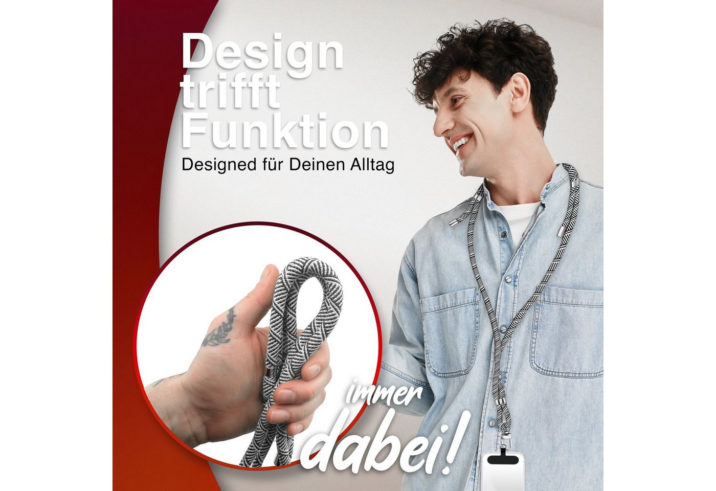 Nalia Handykette Universal Smartphone, Nylon Handyband / Karabiner Matt Schwarz & 2 Pads / 35-75cm Tragelänge – Bild 5 von 5