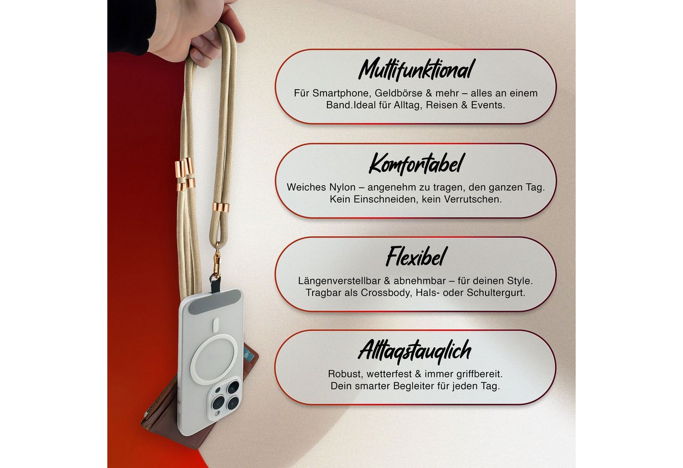 Nalia Handykette Universal Smartphone, Nylon Handyband / Karabiner Gold & 2 Pads / 35-75cm Tragelänge – Bild 3 von 5