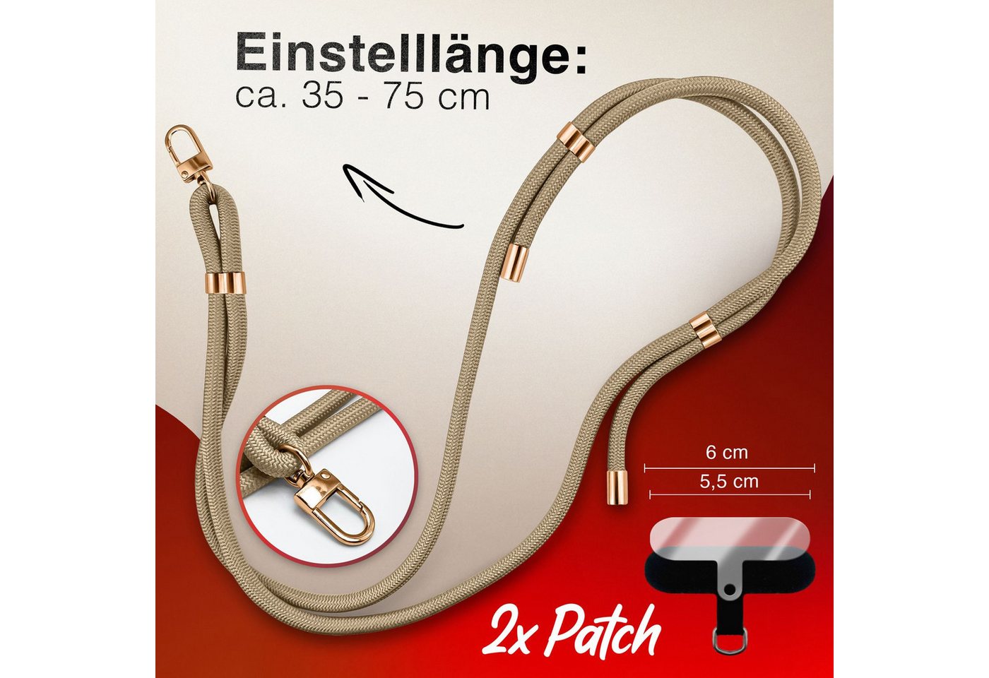 Nalia Handykette Universal Smartphone, Nylon Handyband / Karabiner Gold & 2 Pads / 35-75cm Tragelänge – Bild 4 von 5
