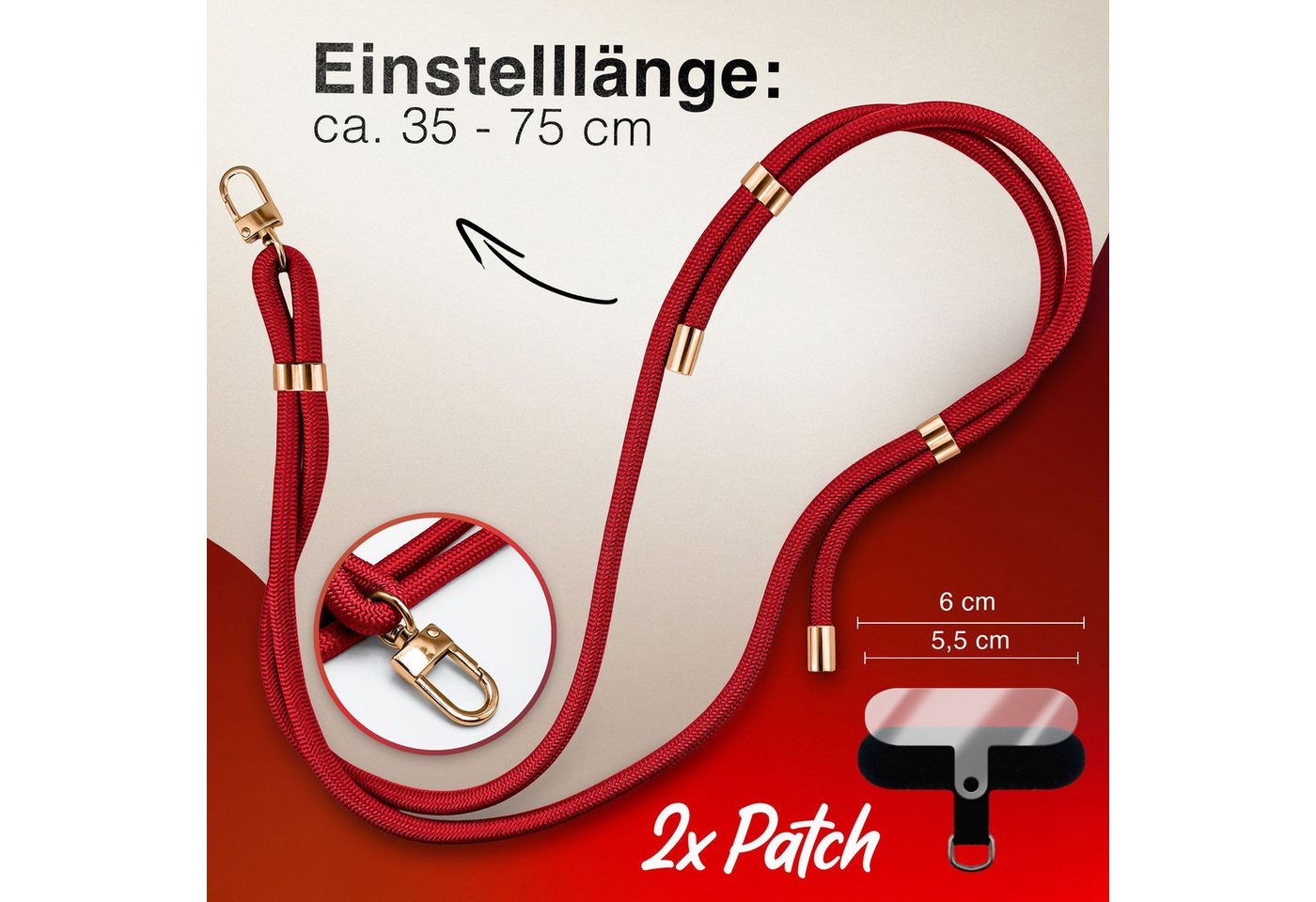 Nalia Handykette Universal Smartphone, Nylon Handyband / Karabiner Gold & 2 Pads / 35-75cm Tragelänge – Bild 4 von 5