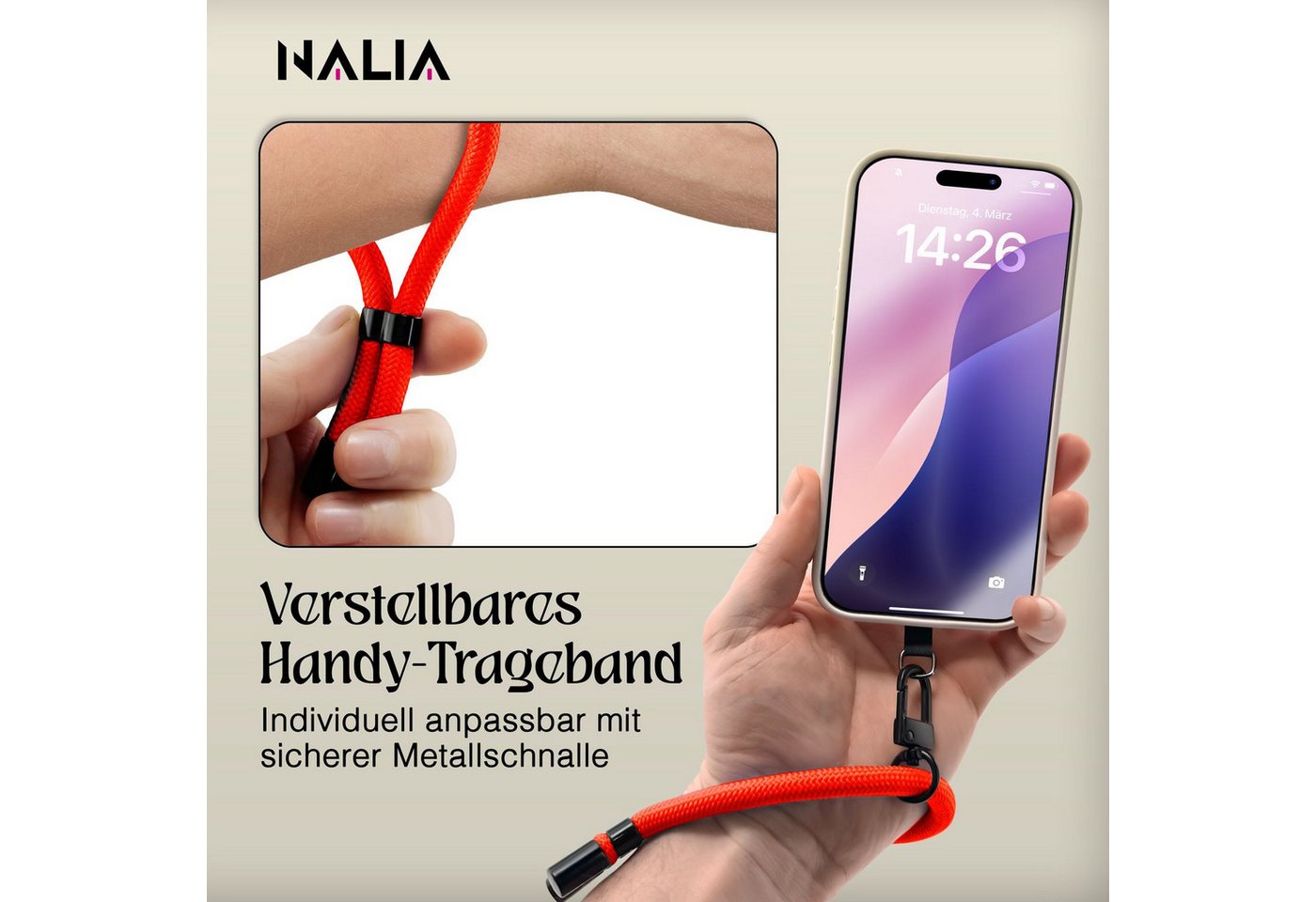 Nalia Handykette Universal Smartphone, Handgelenkschlaufe / Nylon Lanyard / für Handyhülle Schlüssel Kamera – Bild 3 von 5
