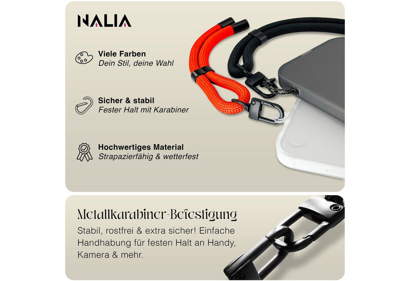 Nalia Handykette Universal Smartphone, Handgelenkschlaufe / Nylon Lanyard / für Handyhülle Schlüssel Kamera – Bild 5 von 5