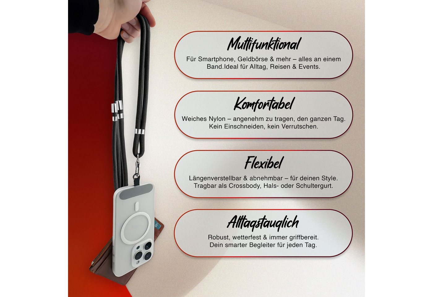 Nalia Handykette Universal Smartphone, Nylon Handyband / Karabiner Silber & 2 Pads / 35-75cm Tragelänge – Bild 3 von 5