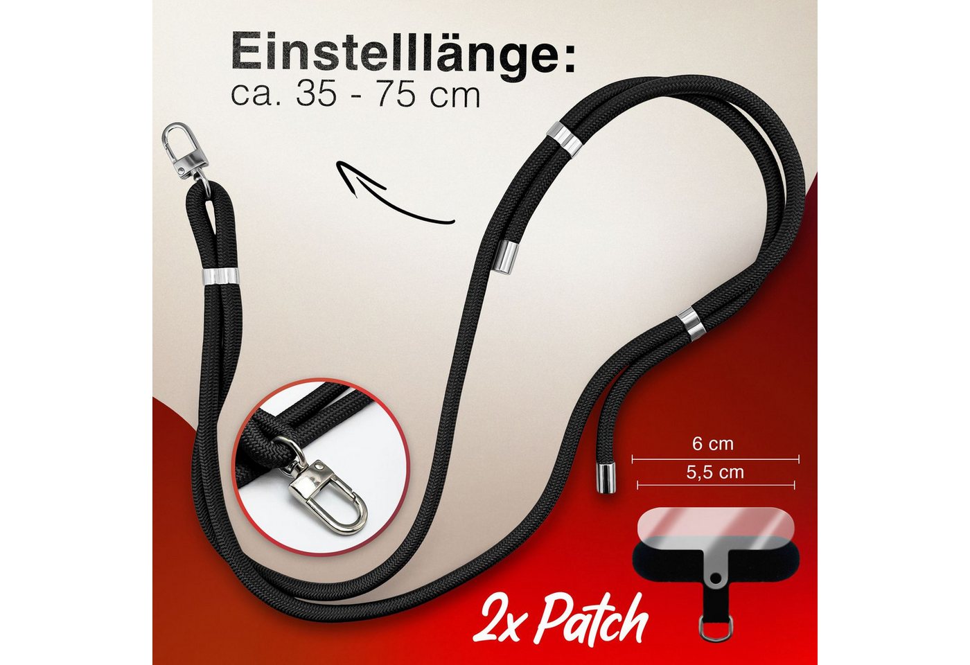 Nalia Handykette Universal Smartphone, Nylon Handyband / Karabiner Silber & 2 Pads / 35-75cm Tragelänge – Bild 4 von 5