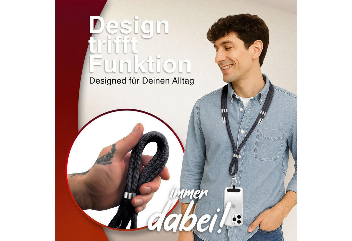 Nalia Handykette Universal Smartphone, Nylon Handyband / Karabiner Silber & 2 Pads / 35-75cm Tragelänge – Bild 5 von 5