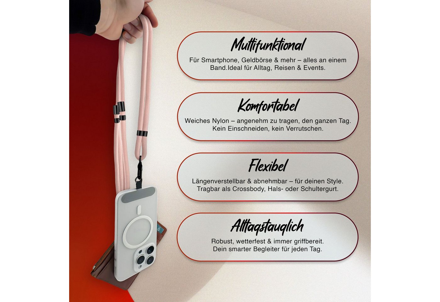 Nalia Handykette Universal Smartphone, Nylon Handyband / Karabiner Matt Schwarz & 2 Pads / 35-75cm Tragelänge – Bild 3 von 5