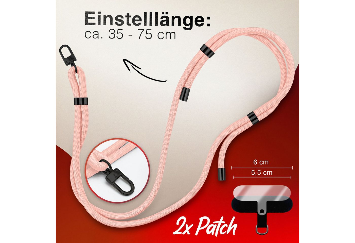 Nalia Handykette Universal Smartphone, Nylon Handyband / Karabiner Matt Schwarz & 2 Pads / 35-75cm Tragelänge – Bild 4 von 5