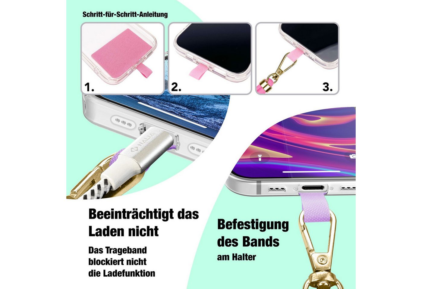 Nalia Handykette Universal Smartphone, Fashion Lanyard 160cm Verstellbar / Band für Handyhülle zum Umhängen – Bild 5 von 5