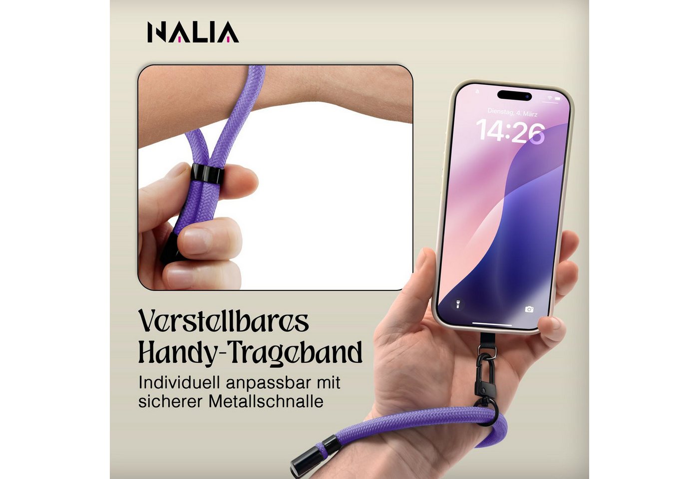 Nalia Handykette Universal Smartphone, Handgelenkschlaufe / Nylon Lanyard / für Handyhülle Schlüssel Kamera – Bild 3 von 5