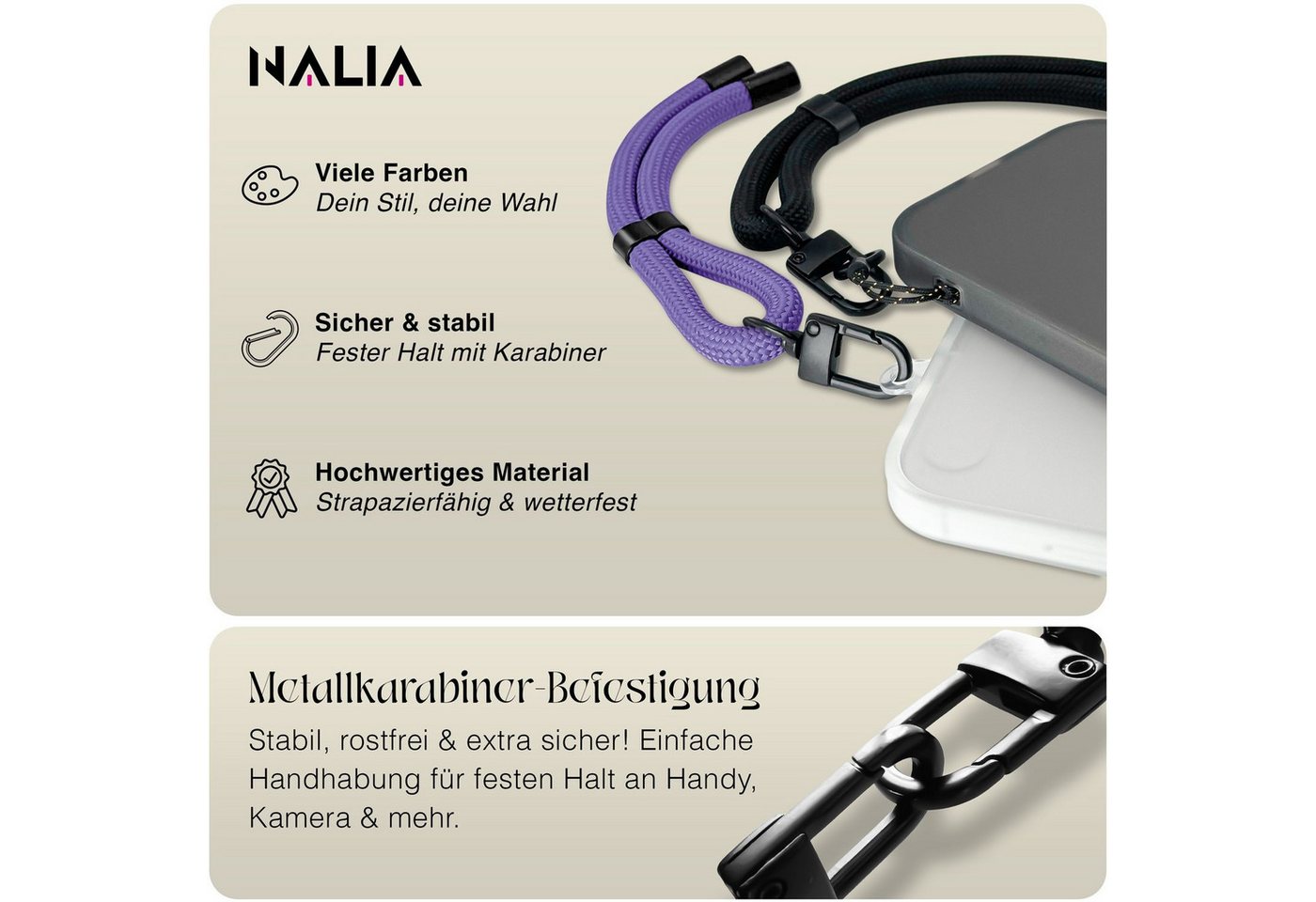 Nalia Handykette Universal Smartphone, Handgelenkschlaufe / Nylon Lanyard / für Handyhülle Schlüssel Kamera – Bild 5 von 5