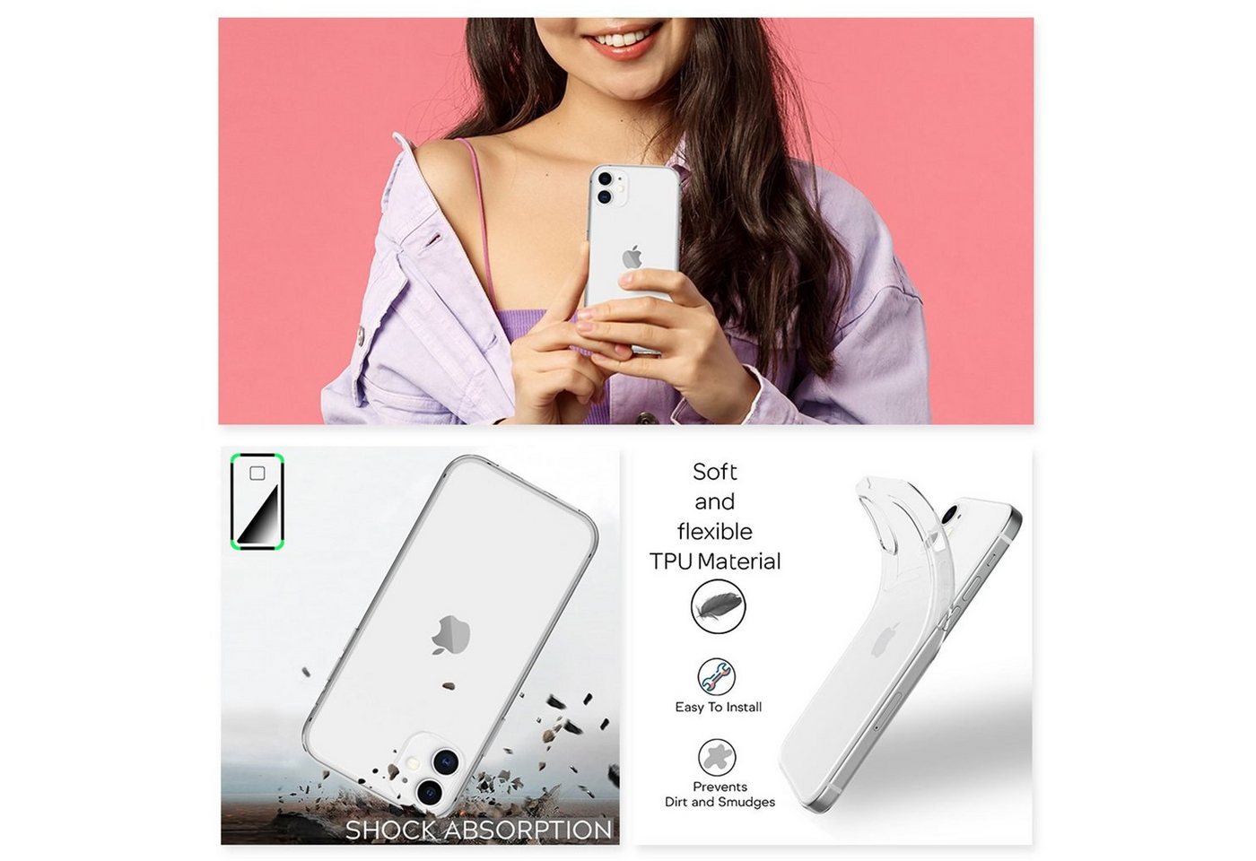 Nalia Smartphone-Hülle Apple iPhone 12 Apple iPhone 12 Pro 15,5 cm (6,1 Zoll), GLAZE Case - Transparentes Silikon, Anti-Watermark & Schlank – Bild 3 von 5