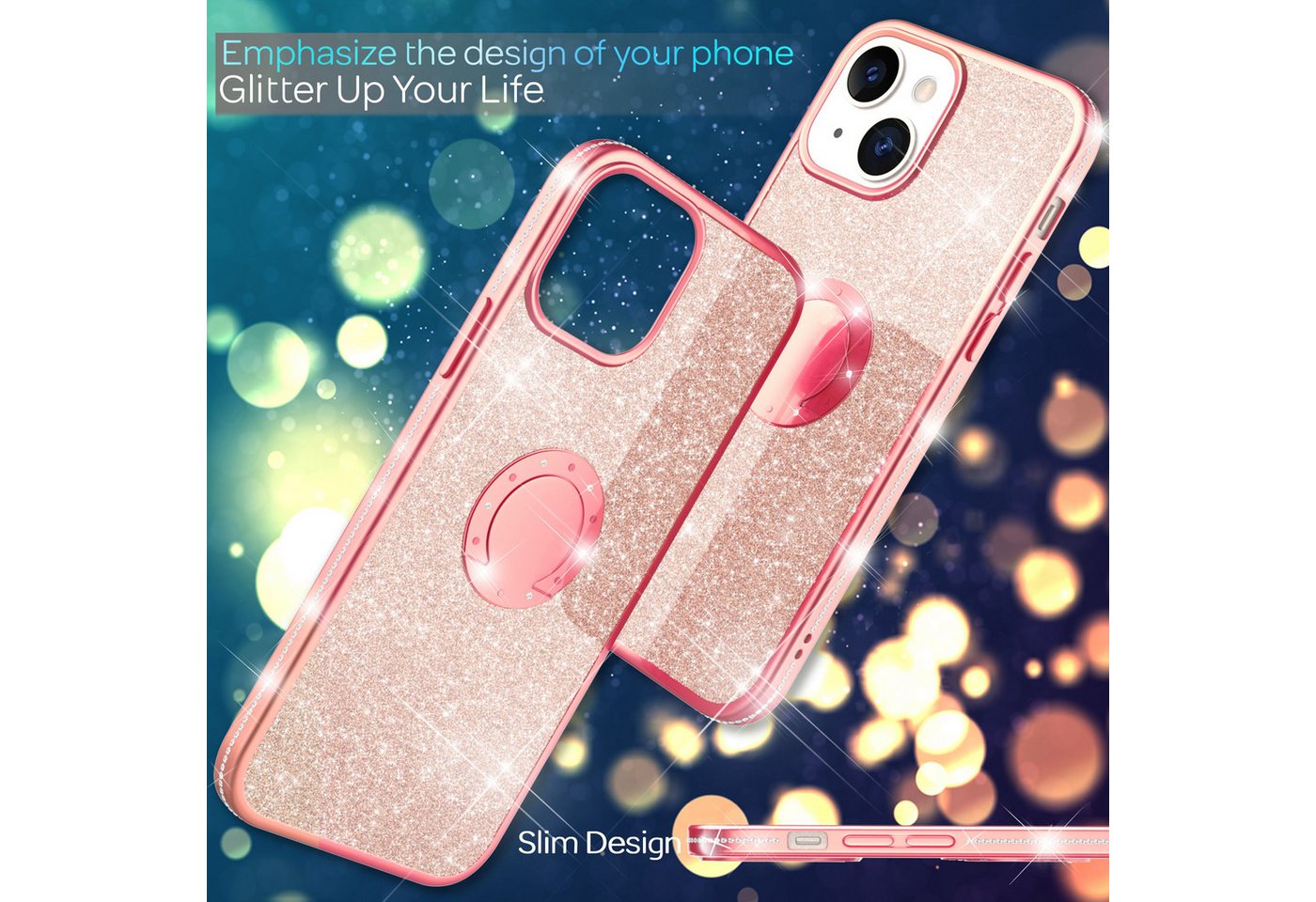 Nalia Smartphone-Hülle Apple iPhone 13 15,5 cm (6,1 Zoll), Glitzer Ring Silikon Hülle / 360 Grad Finger-Halter / Standfunktion – Bild 2 von 5