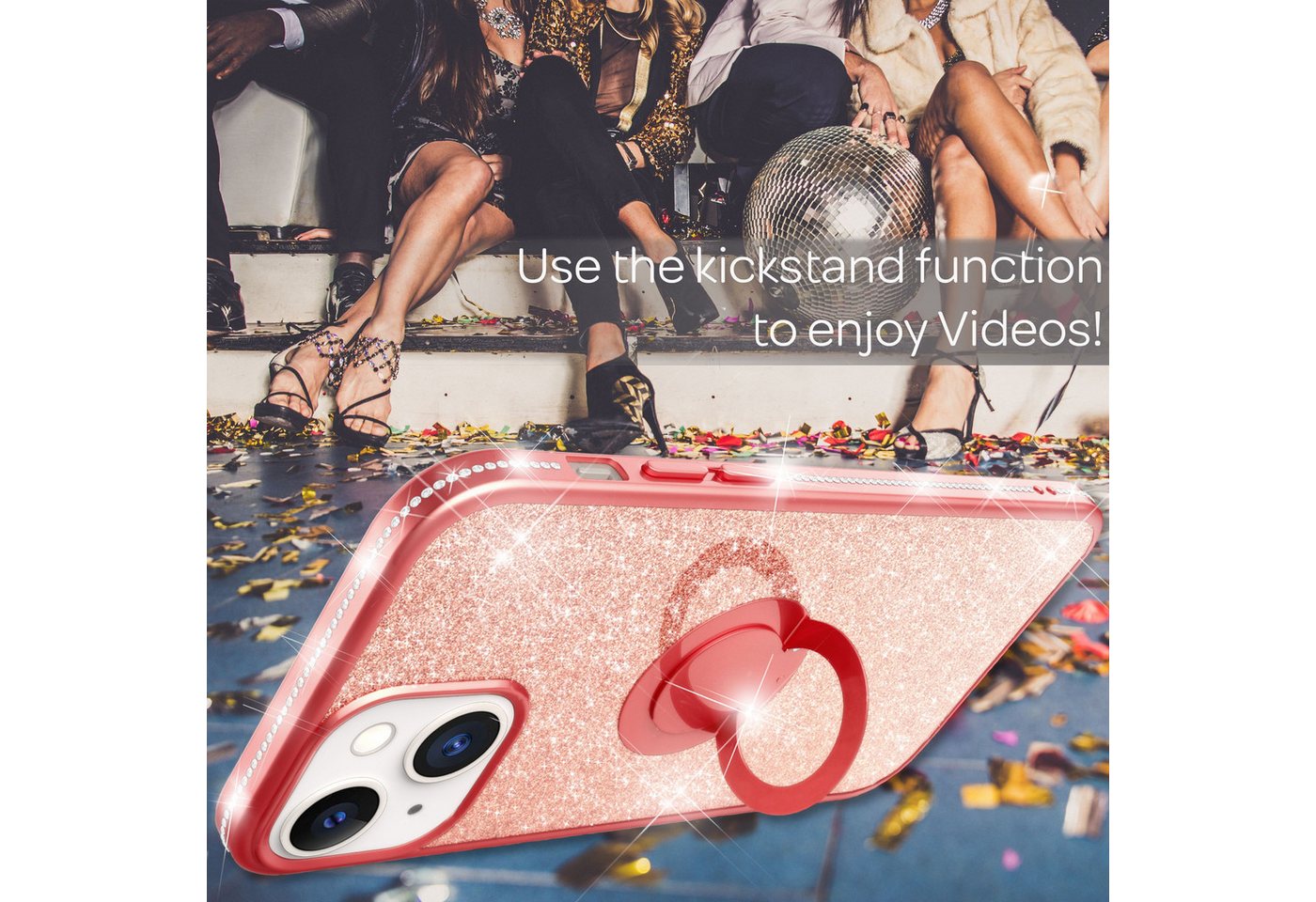 Nalia Smartphone-Hülle Apple iPhone 13 15,5 cm (6,1 Zoll), Glitzer Ring Silikon Hülle / 360 Grad Finger-Halter / Standfunktion – Bild 5 von 5