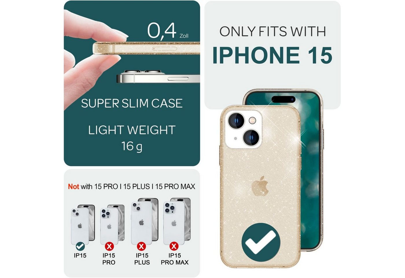 Nalia Smartphone-Hülle Apple iPhone 15 15,5 cm (6,1 Zoll), Klare Glitzer Hülle / Silikon Transparent / Glitter Cover / Bling Case – Bild 4 von 5