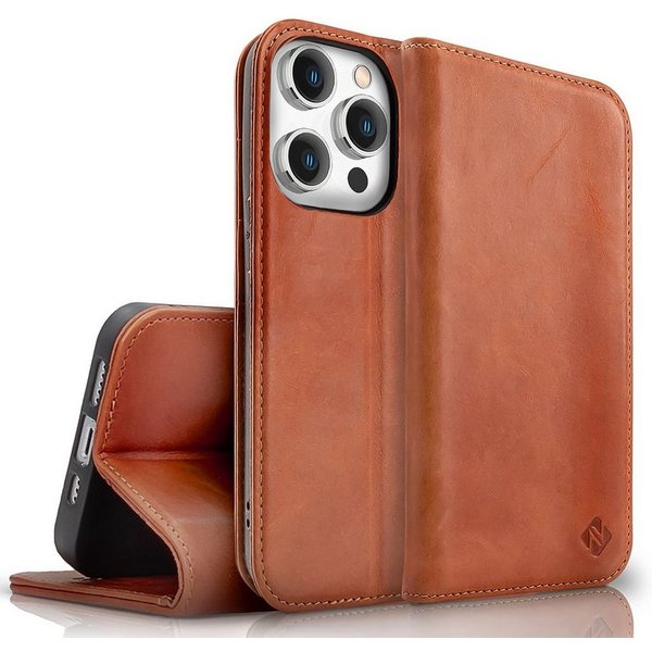 Nalia Smartphone-Hülle Apple iPhone 15 Pro Max 17 cm (6,7 Zoll), Echt Leder Etui / Standfunktion Kickstand / RFID Schutz Handyhülle