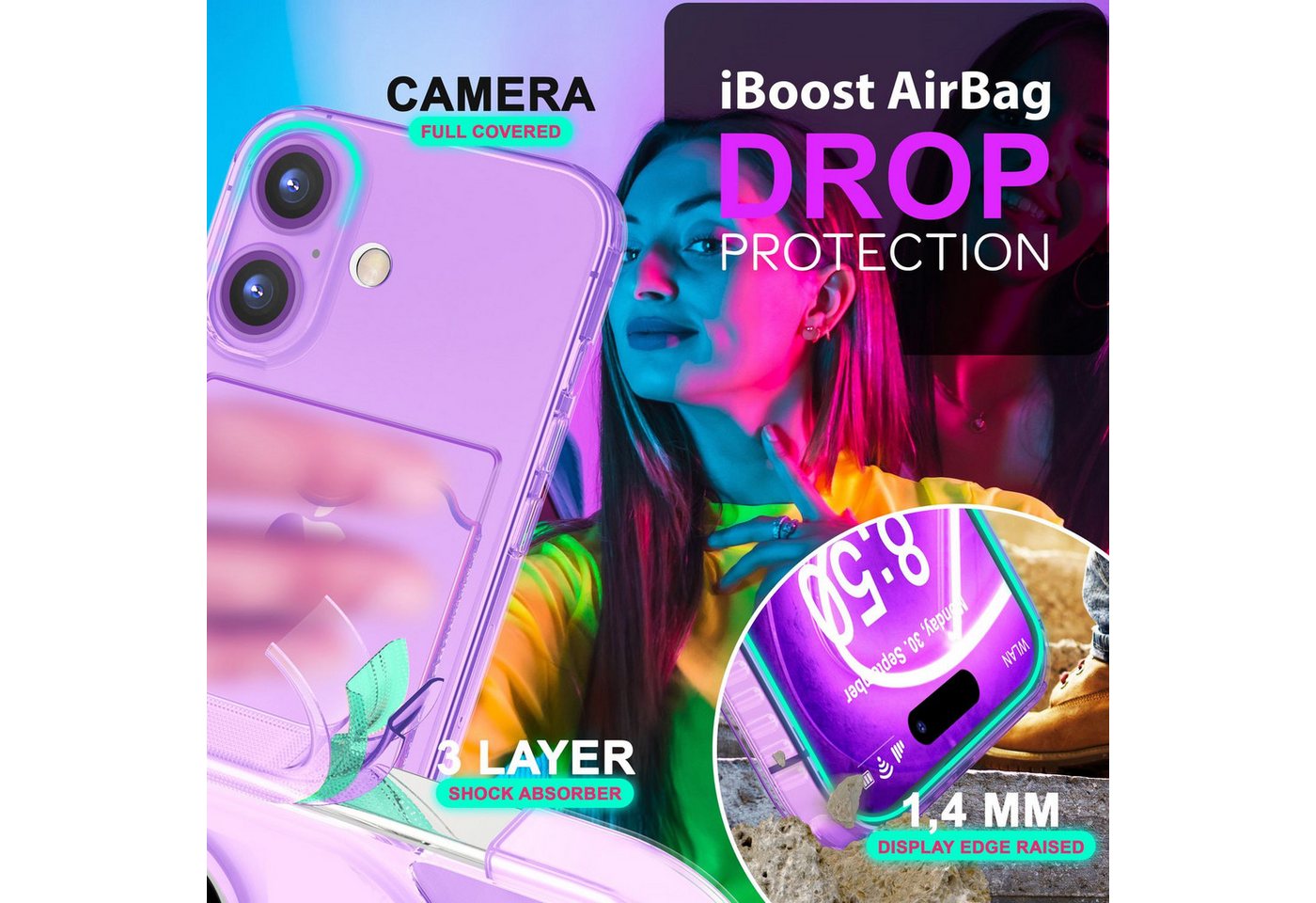 Nalia Smartphone-Hülle Apple iPhone 16 15,5 cm (6,1 Zoll), Klare Neon Silikon Hülle mit Kartenfach / Durchsichtig Bunt Leuchtend – Bild 2 von 5
