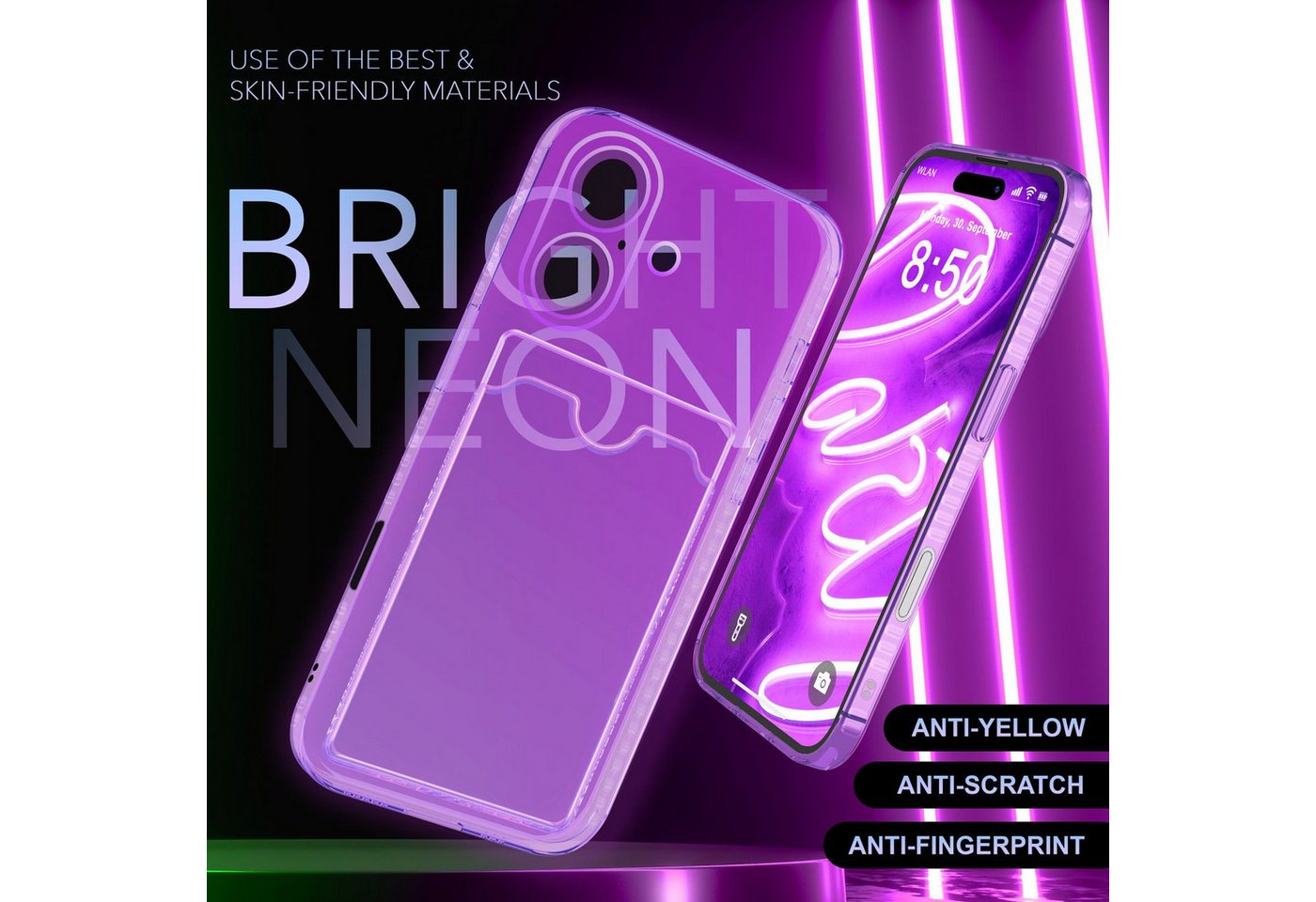 Nalia Smartphone-Hülle Apple iPhone 16 15,5 cm (6,1 Zoll), Klare Neon Silikon Hülle mit Kartenfach / Durchsichtig Bunt Leuchtend – Bild 3 von 5