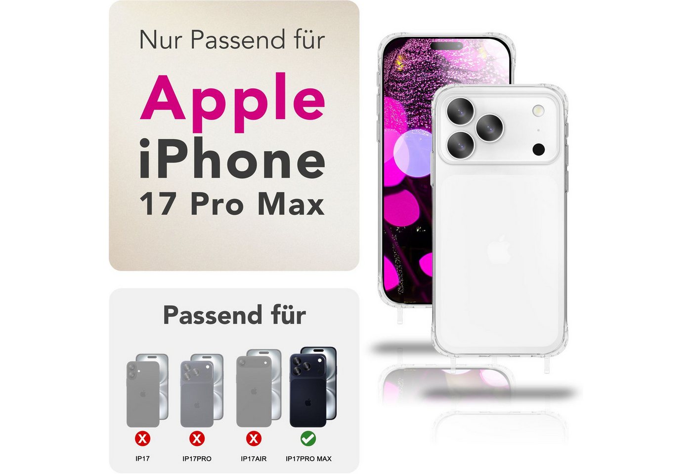 Nalia Smartphone-Hülle Apple iPhone 18 Pro Max Apple iPhone 17 Pro Max 17,5 cm (6,9 Zoll), Klare Hülle mit Band zum Umhängen / 160cm Handy Kette Verstellbar – Bild 3 von 5