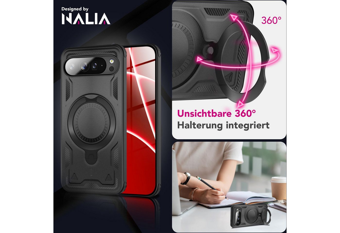 Nalia Smartphone-Hülle Google Pixel 10 Pro 16 cm (6,3 Zoll), Military Armor Case / MagSafe / Extrem Schutz / 360° Ring / Outdoor – Bild 4 von 5