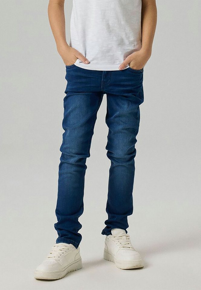 Name It Regular-fit-Jeans Stretch Slim Fit Used Look Verstellbarer für Jungen Baumwolle Normal Fit Einfarbig elastisch Reißverschluss – Bild 3 von 5