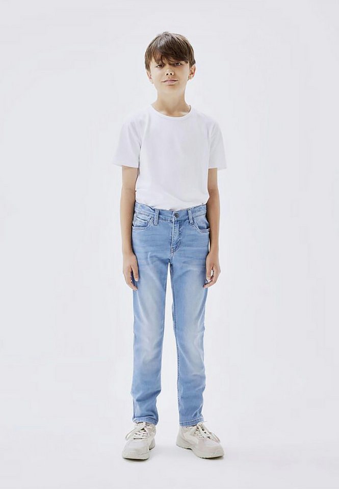 Name It Regular-fit-Jeans Stretch Slim Fit Used Look Verstellbarer für Jungen Baumwolle Normal Fit Einfarbig elastisch Reißverschluss – Bild 2 von 5