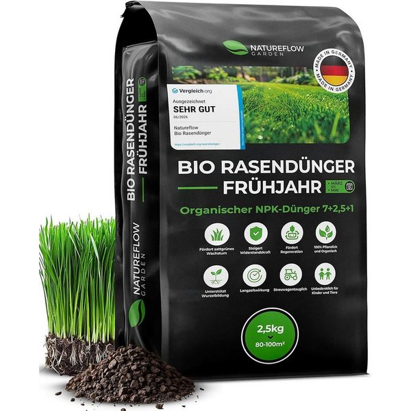 Natureflow Rasendünger Bio, 100% organisch, NPK 7+2,5+1, 2,5 kg/100 m², Frühjahr, Einzelartikel
