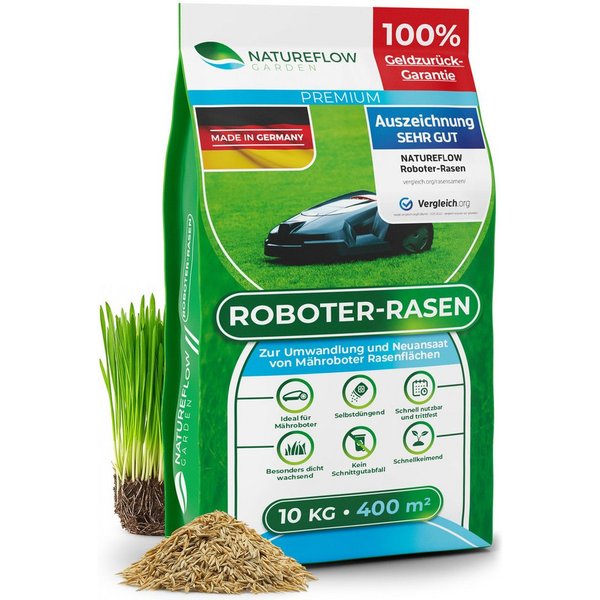 Natureflow Rasensamen schnellkeimend, selbstdüngend, TEST SEHR GUT, 100% Keimgarantie, 10 kg, 10 kg