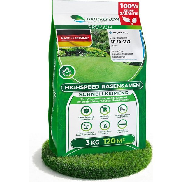 Natureflow Rasensamen schnellkeimend, TEST SEHR GUT, 100% Keimgarantie, 3 kg/120 m², 3 kg, Trittfester Sport und Spielrasen mit dichtem Wuchs gegen Unkraut