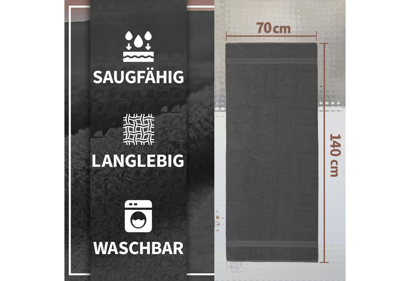 NatureMark Duschtücher 2er-Set Frottier Duschtücher 70x140cm, 100% Baumwolle (2-St), Premium Qualität, DUSCHTUCH, Dusch-Handtuch, 70x140cm, Anthrazit grau – Bild 2 von 5