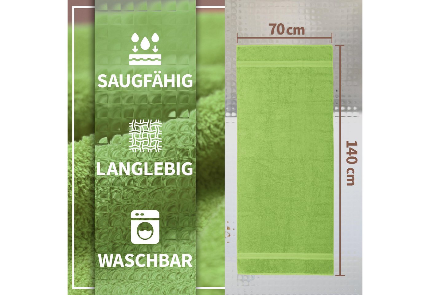 NatureMark Duschtücher 2er-Set Frottier Duschtücher 70x140cm, 100% Baumwolle (2-St), Premium Qualität, DUSCHTUCH, Dusch-Handtuch, 70x140cm, Apfel grün – Bild 2 von 5