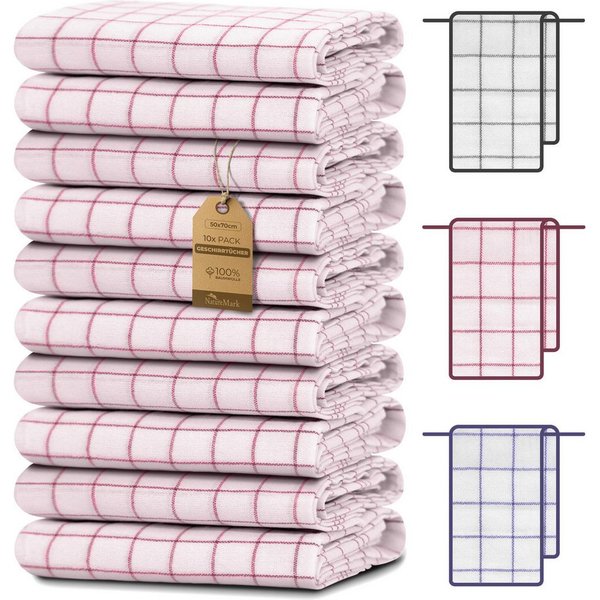 NatureMark Geschirrtuch 10er-Set Küchentücher 50x70cm, (Set, 10-tlg., 10x Geschirrtücher 50x70cm), 10x Geschirrtücher kariert, weich, 100% Baumwolle, Rot