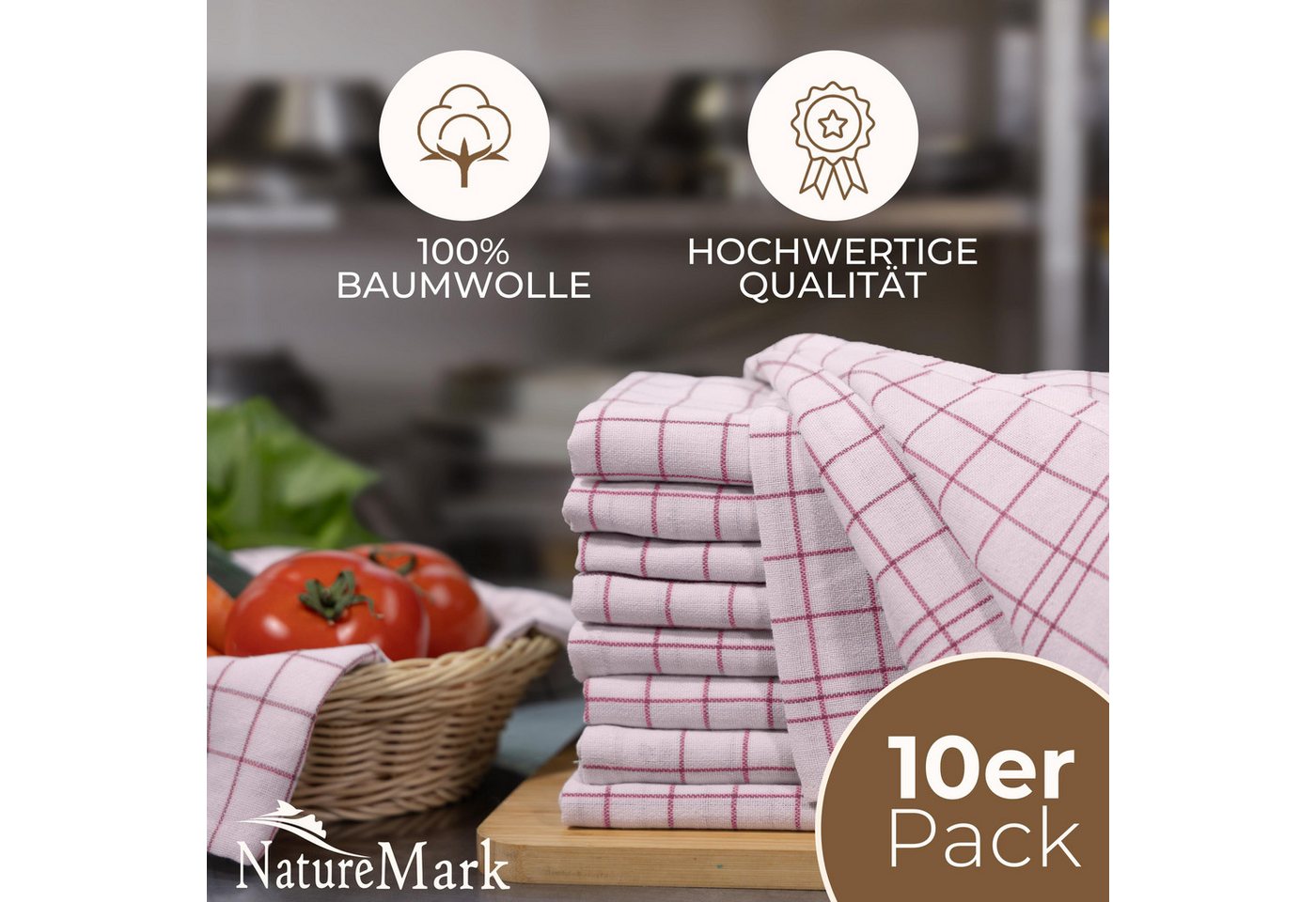 NatureMark Geschirrtuch 10er-Set Küchentücher 50x70cm, (Set, 10-tlg., 10x Geschirrtücher 50x70cm), 10x Geschirrtücher kariert, weich, 100% Baumwolle, Rot – Bild 3 von 5