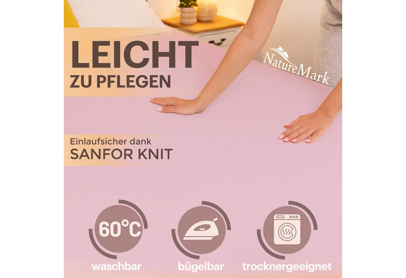 NatureMark Spannbettlaken Jersey Basic Spannbetttuch, 100% Baumwolle, Gummizug: rundum, (1 Stück), in vielen Größen und Farben, bis 25cm Steghöhe, 90x200cm, Ros – Bild 4 von 5