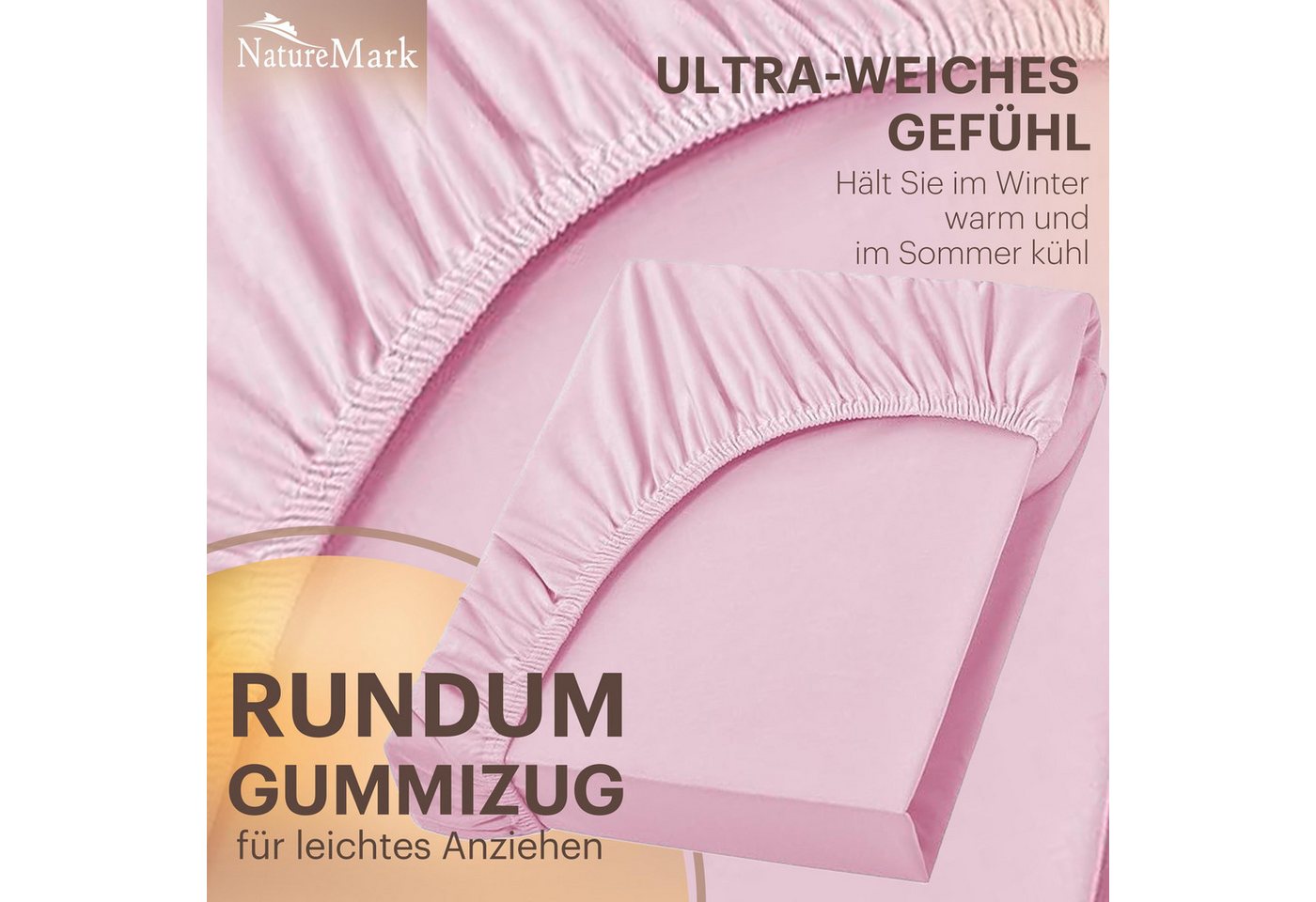NatureMark Spannbettlaken Jersey Basic Spannbetttuch, 100% Baumwolle, Gummizug: rundum, (1 Stück), in vielen Größen und Farben, bis 25cm Steghöhe, 90x200cm, Ros – Bild 5 von 5