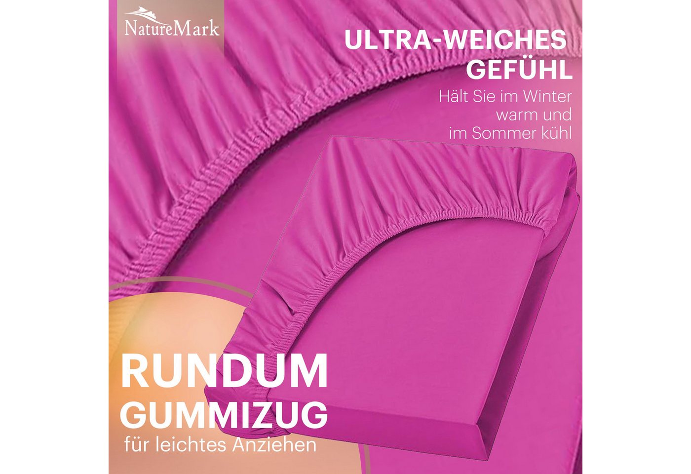 NatureMark Spannbettlaken Jersey Basic Spannbetttuch, 100% Baumwolle, Gummizug: rundum, (1 Stück), in vielen Größen und Farben, bis 25cm Steghöhe, 90x200cm, Pin – Bild 5 von 5
