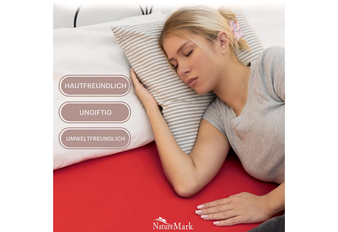 NatureMark Spannbettlaken Jersey Basic Spannbetttuch, 100% Baumwolle, Gummizug: rundum, (1 Stück), in vielen Größen und Farben, bis 40cm Steghöhe, 200x220cm, Ro – Bild 2 von 5
